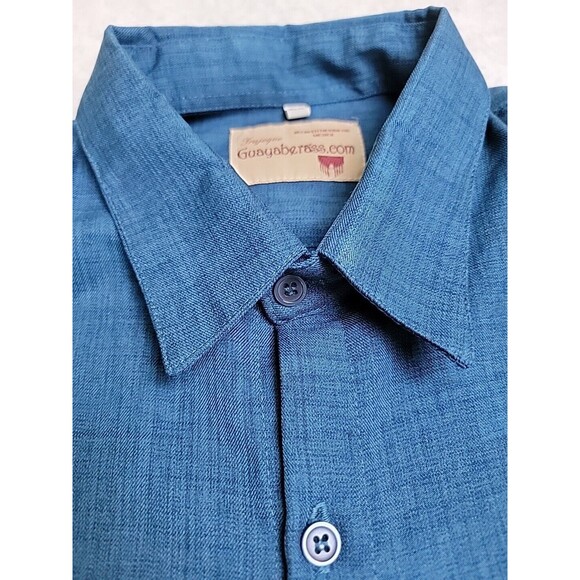 Guayaberass Shirt Mens 40 Button Dark Blue Teal Textured Embroidered Cigar - Picture 3 of 11